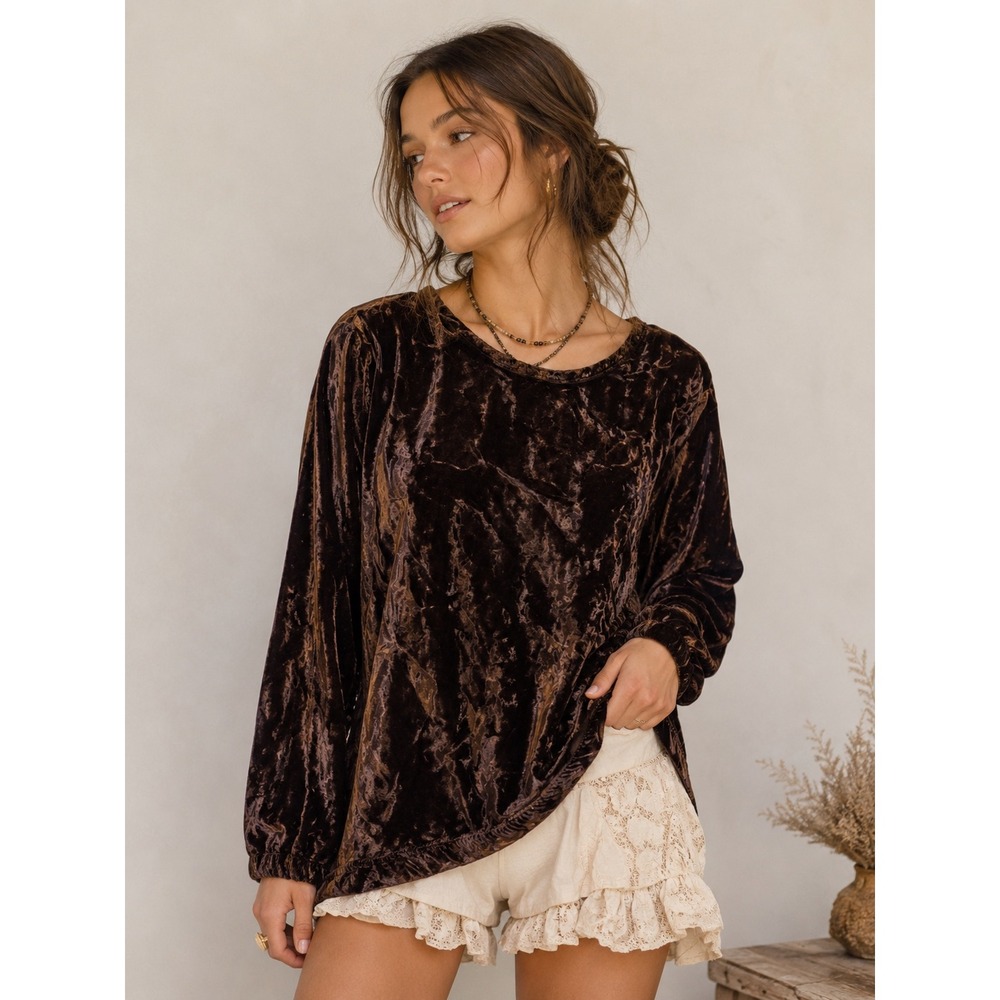 CP Shades Brown Crushed Velvet Long Sleeve Top Small Hand Dyed Rayon Pullover